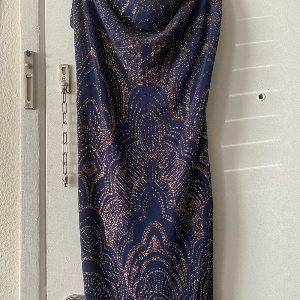 Jump Navy Blue Mini Dress with Gold Metallic Pattern
